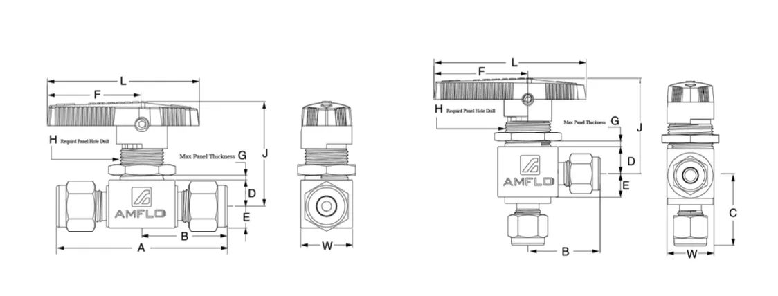 Шаровой кран AMFLO, SS-BV11,  угловой, нержавеющий SS316L, 206 bar, 3-х портовый / Ball valve SS-BV11 tree T-ports